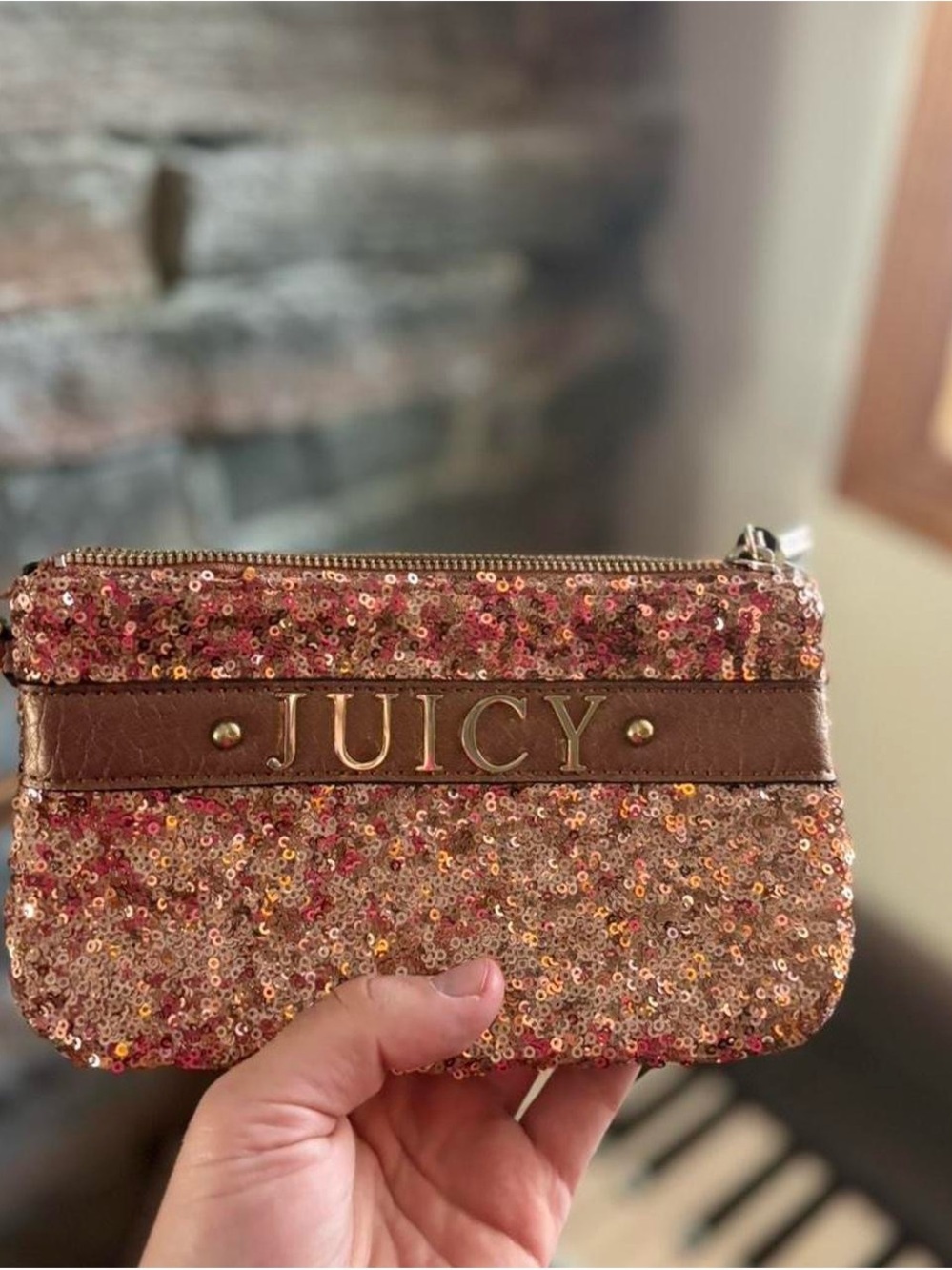 Juicy Couture Rose Gold Sequin Wristlet with Brown Leather Trim